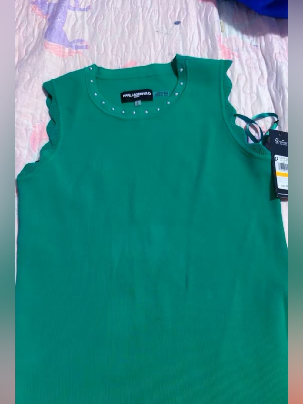 Karl Lagerfeld Emerald Green Sleeveless Studded Neck Tank